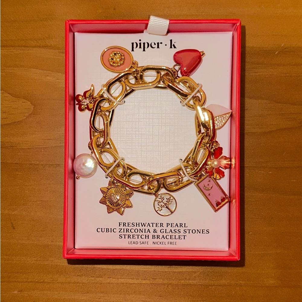 Piper K Gold Charm Bracelet with Pink and Red Accents